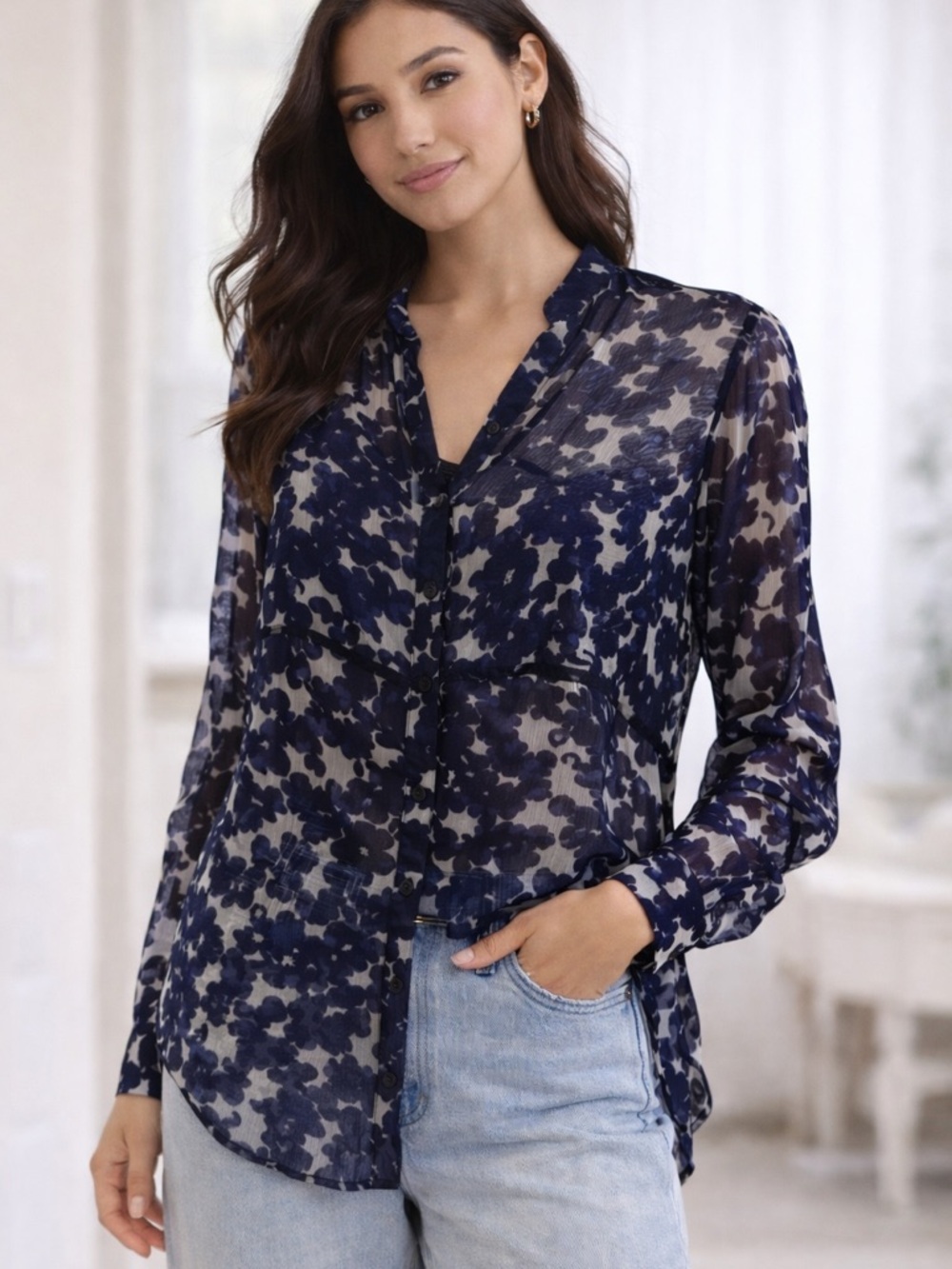 Express Navy Floral Sheer Button-Up Blouse